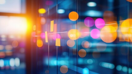 Creative Workplace Brainstorming with Sticky Notes and Glass Wall