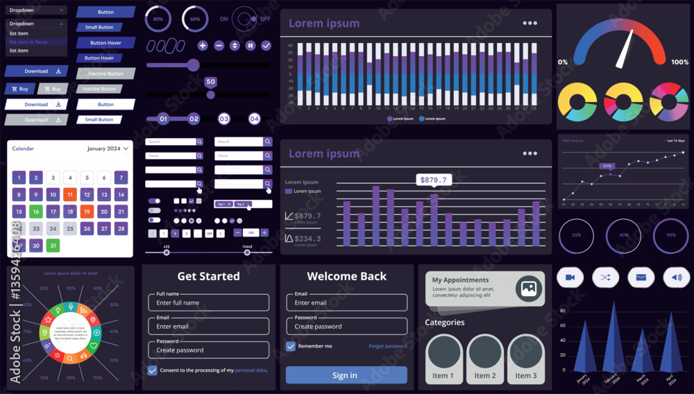 Poster a set of modern interface elements for business applications and websites: buttons, charts, menus, g