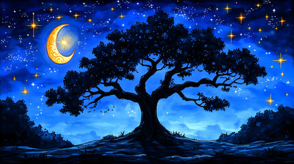 A silhouette tree stands beneath a starry night sky with a crescent moon casting a magical and serene ambiance over the