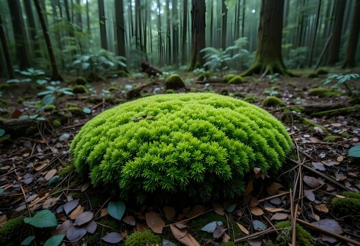 bright green moss dome in a lush forest setting