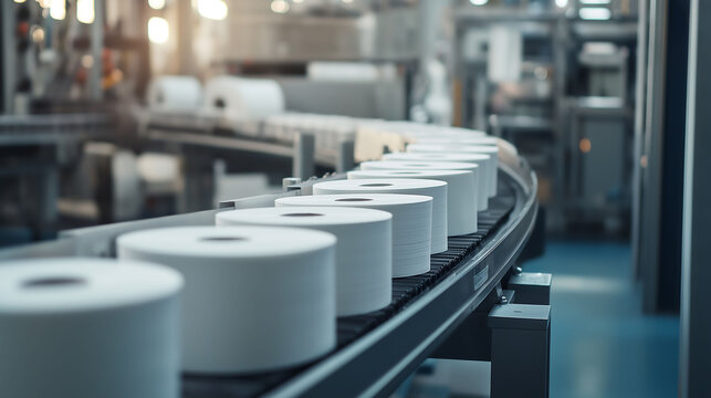 A conveyor belt in modern factory transporting toilet paper production for packaging machine station, Automated production line transporting rolls of toilet paper, Tissue on production line