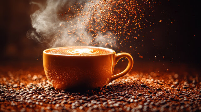 Freshly brewed dark roast coffee with steam rising in a cozy setting, inviting warmth and richness in every sip