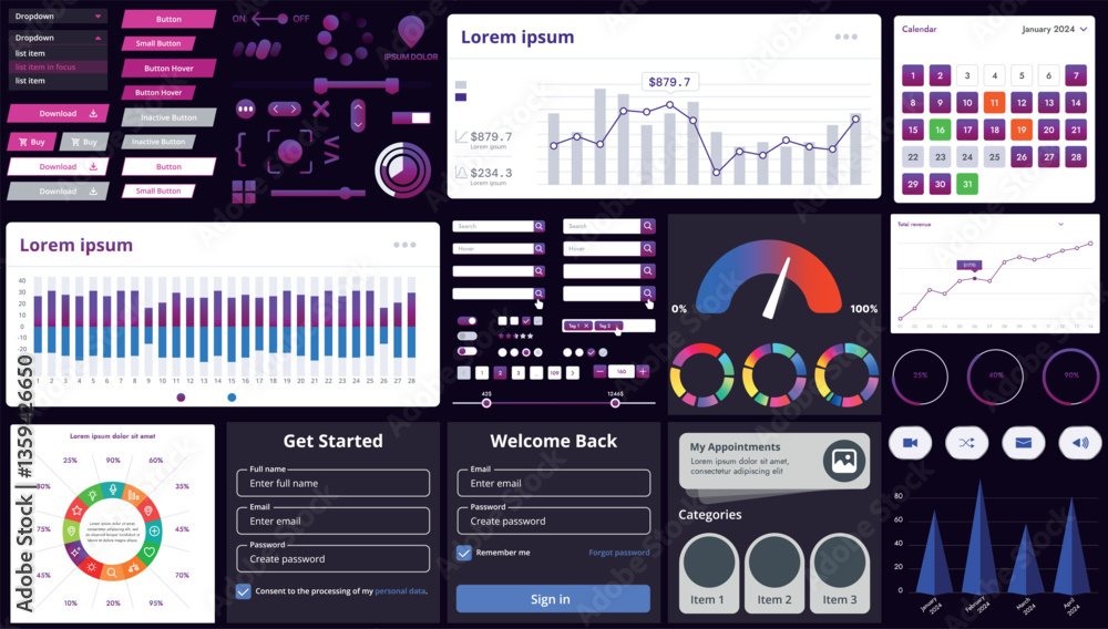 Poster a set of modern interface elements for business applications and websites: buttons, charts, menus, g