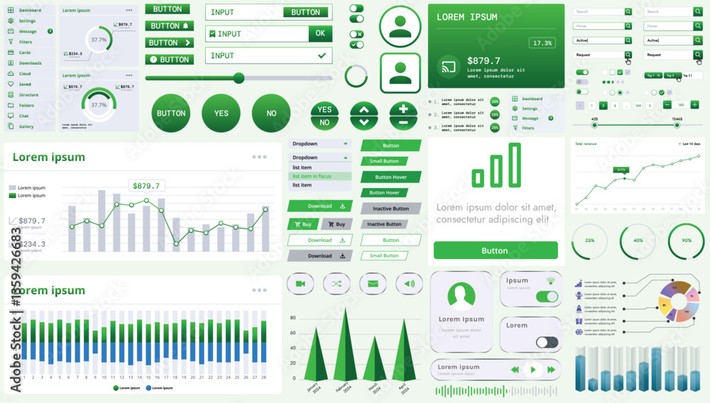 Fototapete A set of modern interface elements for business applications and websites: buttons, charts, menus, graphs, and other interactive components for easy navigation and analytics.