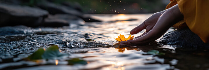 Yellow Flower and Hands in Stream