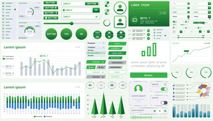 A set of modern interface elements for business applications and websites: buttons, charts, menus, graphs, and other interactive components for easy navigation and analytics.
