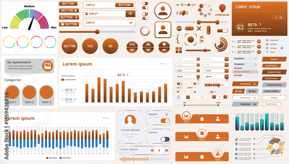 Fototapete A set of modern interface elements for business applications and websites: buttons, charts, menus, graphs, and other interactive components for easy navigation and analytics.