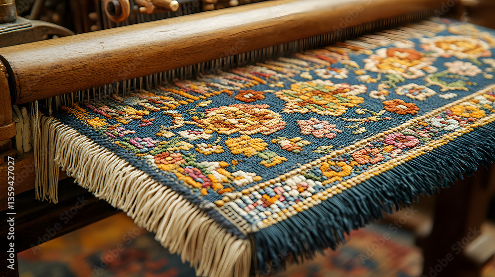Poster weaving tapestry of heritage: intricate details of an antique weaving machine creating a vibrantly c