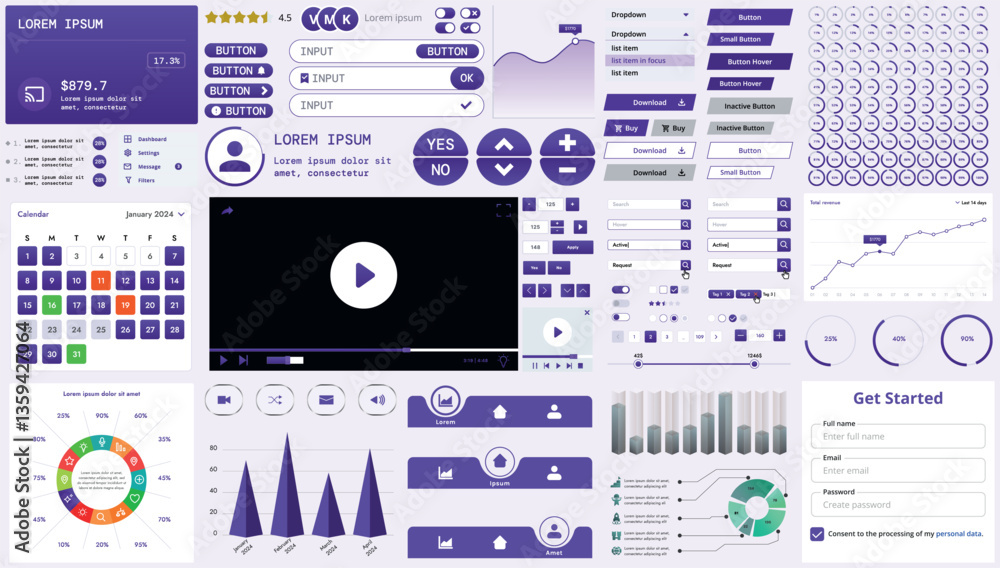 Poster a set of modern interface elements for business applications and websites: buttons, charts, menus, g