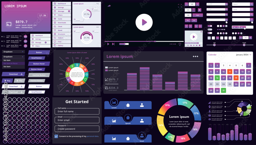 Poster a set of modern interface elements for business applications and websites: buttons, charts, menus, g