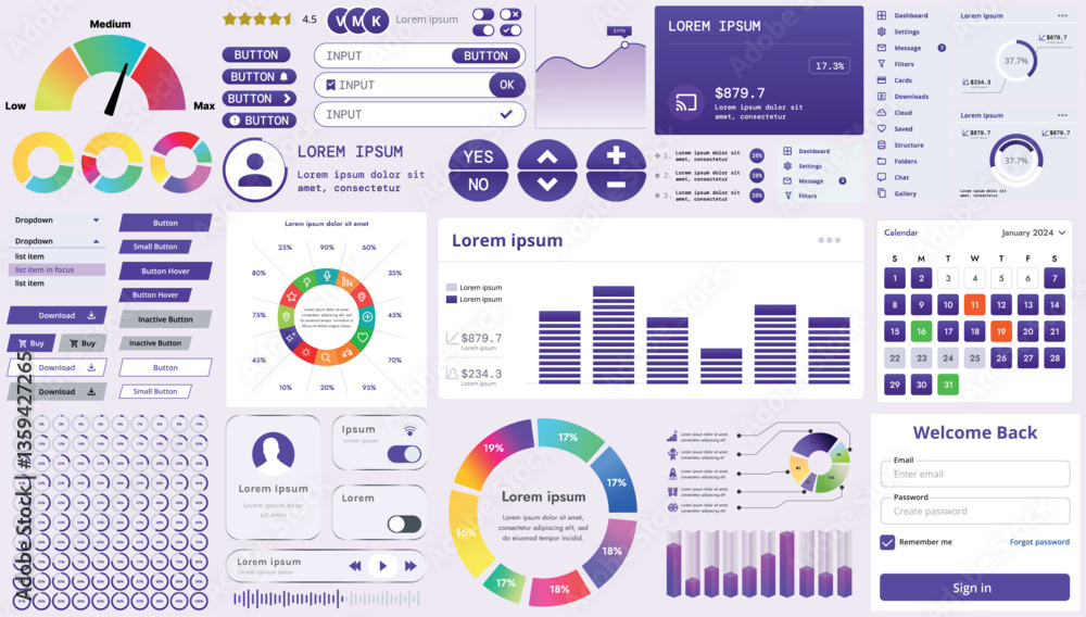 Poster a set of modern interface elements for business applications and websites: buttons, charts, menus, g
