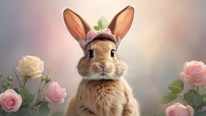 Obraz premium Charming Brown Bunny with Easter Egg Nest Crown on Pastel Green Backdrop