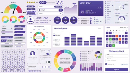 A set of modern interface elements for business applications and websites: buttons, charts, menus, graphs, and other interactive components for easy navigation and analytics.