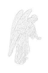 A black and white drawing of an angel with a broken wing. The angel is standing on a white background