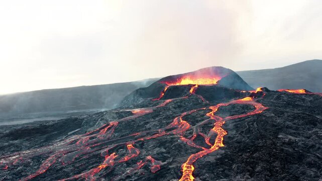 Volcano eruption in Iceland with lava flowing 