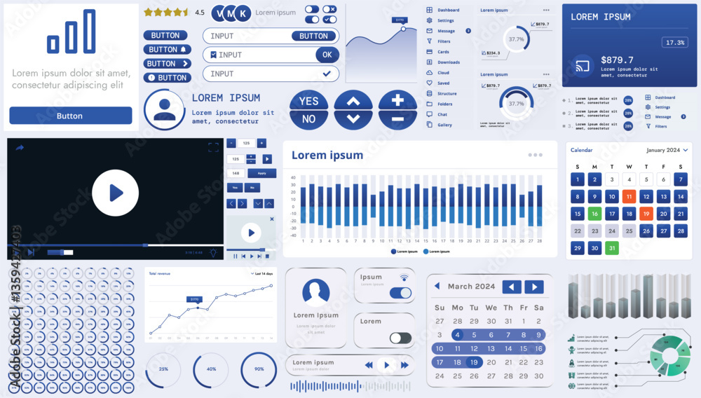 Poster a set of modern interface elements for business applications and websites: buttons, charts, menus, g