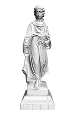 A statue of a woman holding flowers. The statue is white and is on a pedestal. The statue is of a religious figure and is meant to represent a saint. The flowers in the statue's hand symbolize purity