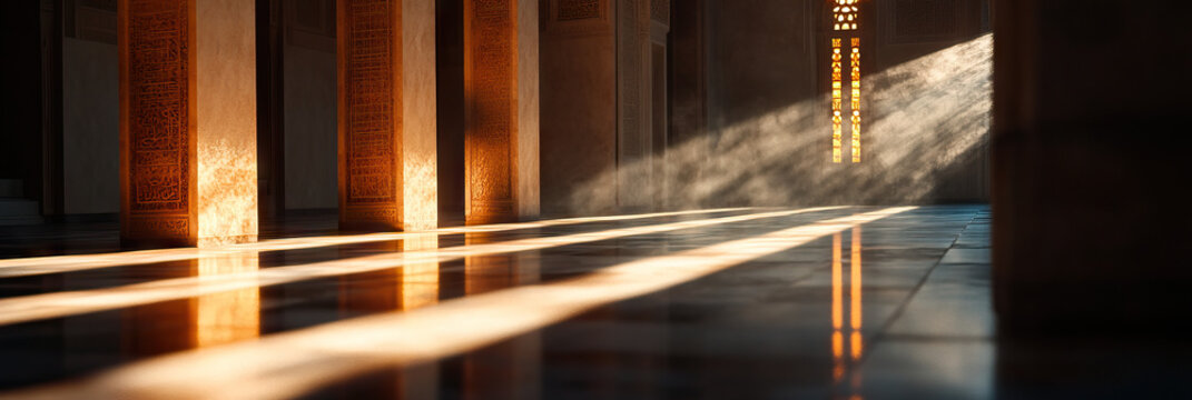 Sunlit Interior with Ornate Columns and Stained Glass Window