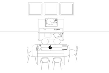 A drawing of a dining room with a table and chairs. The table is surrounded by chairs and there is a bowl on the table