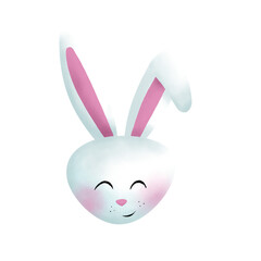 Hand drawn cute bunny face illustration. Adorable easter rabbit head with folded ear. Watercolor and chalk/crayon style. Transparent background. 