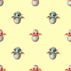 Children's seamless pattern, cute pink and blue dragons in shell on yellow background. use for children's products, stationery, fabric, textile, wallpaper and wrapping paper.