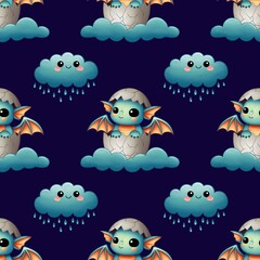 Children's seamless pattern, cute blue dragon in a shell sits on a cloud, rain clouds, on a blue background.