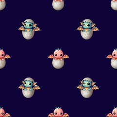 Bright children's seamless pattern: funny pink and blue dragons peek out of the shell on a blue background. Ideal for decorating children's products, stationery, fabrics, textiles, wallpaper and wrapp