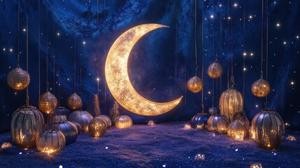 A starry night theme deco corner with a large glowing crescent moon hanging above a cluster of metallic round lanterns glowing vividly