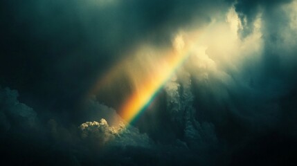Fototapeta premium Rainbow appearing through dark storm clouds.