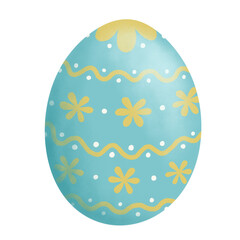 Hand drawn easter egg illustration. Cute painted dyed blue egg drawing with flowers. Watercolor and chalk/crayon style. Transparent background. 