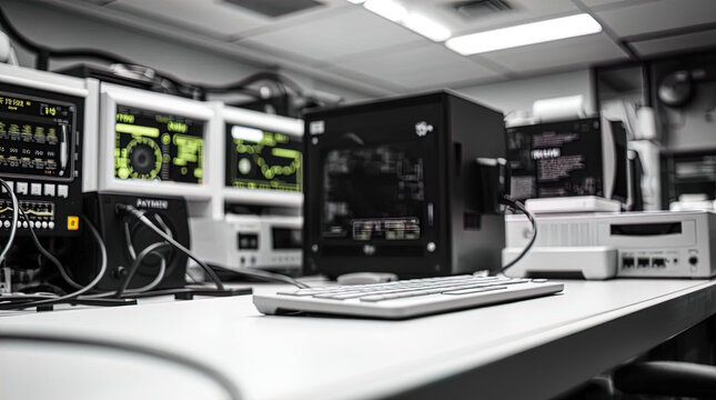 An extreme macro close-up, classic black and white image of a cyberpunk IT lab; timeless and elegant, showcasing small subject details