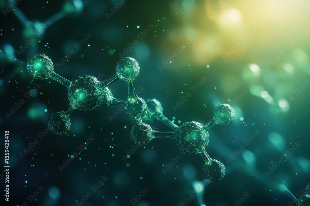 Poster green molecule structure floating with bokeh effect and a light source. illustrate scientific resear