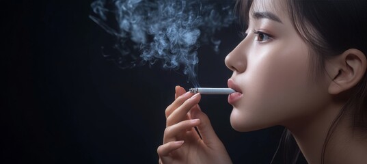 Fototapeta premium Close-up Portrait of a Young Woman Smoking Against a Black Background, Smoke, Addiction