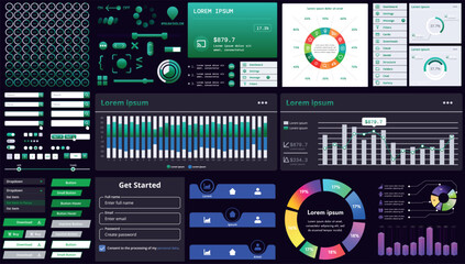 A set of modern interface elements for business applications and websites: buttons, charts, menus, graphs, and other interactive components for easy navigation and analytics.