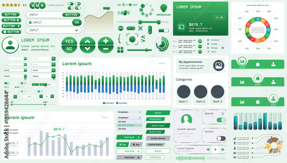 Poster a set of modern interface elements for business applications and websites: buttons, charts, menus, g