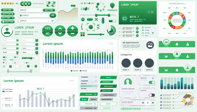 A set of modern interface elements for business applications and websites: buttons, charts, menus, graphs, and other interactive components for easy navigation and analytics.