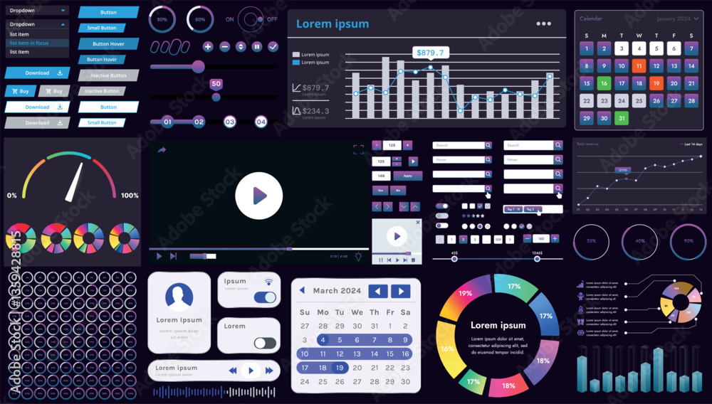 Poster a set of modern interface elements for business applications and websites: buttons, charts, menus, g