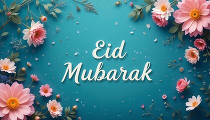 Eid Mubarak Text covered with flowers background, Eid Mubarak blue greetings card