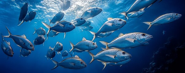Fototapeta premium A school of fish swimming in perfect synchronization beneath the ocean