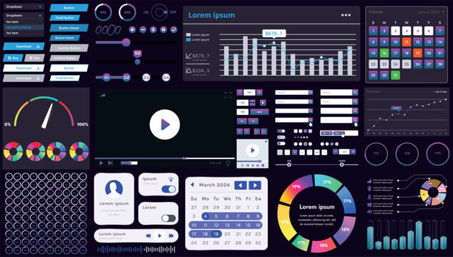 A set of modern interface elements for business applications and websites: buttons, charts, menus, graphs, and other interactive components for easy navigation and analytics.