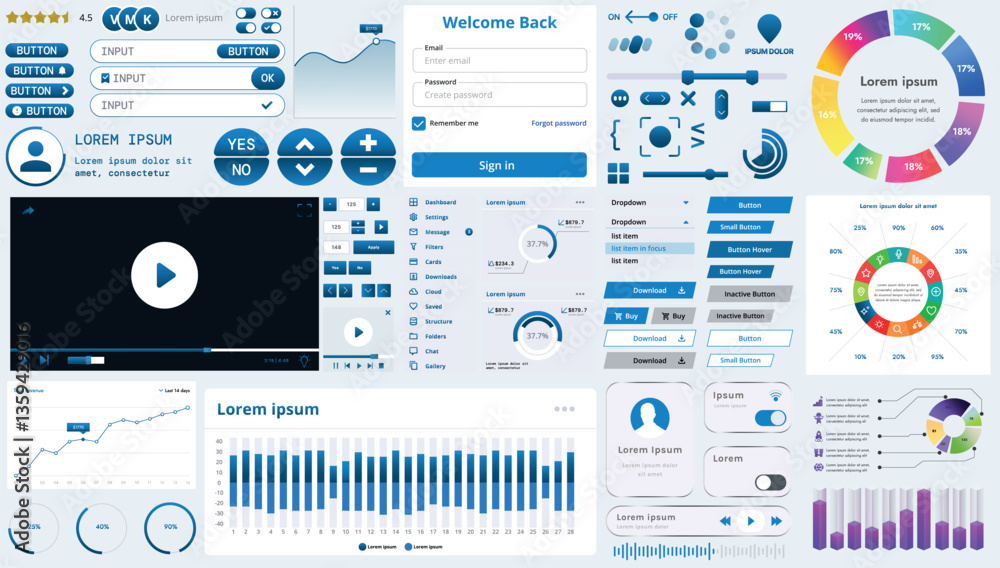 Poster a set of modern interface elements for business applications and websites: buttons, charts, menus, g