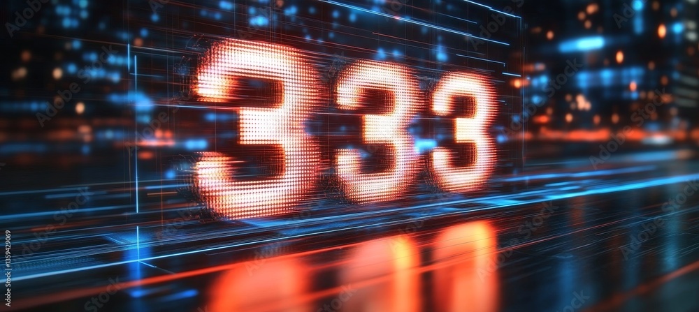 Poster glowing, digital number 333 on a technological circuit board background in a futuristic style.