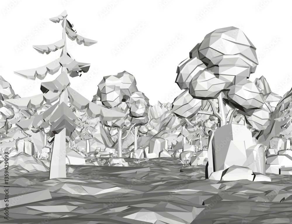 Poster a forest with trees and rocks. the trees are tall and the rocks are scattered throughout the area. t