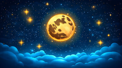 A starry sky with golden moon twinkling stars and soft blue clouds below creates a whimsical night scene
