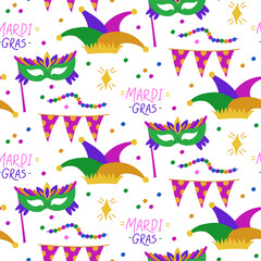 pattern of elements of carnival costume for Mardi Gras. Mask, flags, jester's cap, sequins, beads. It is suitable for decorating materials, advertising campaigns, products related carnivals. Seamless