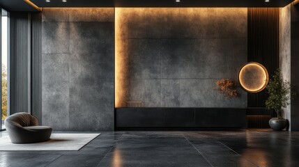 A modern interior with textured walls, indirect lighting, and a cozy armchair. Use for design projects, home decor articles, or architectural presentations.