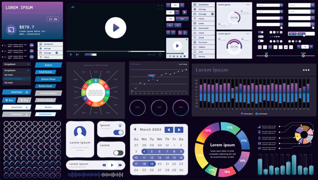 A set of modern interface elements for business applications and websites: buttons, charts, menus, graphs, and other interactive components for easy navigation and analytics.