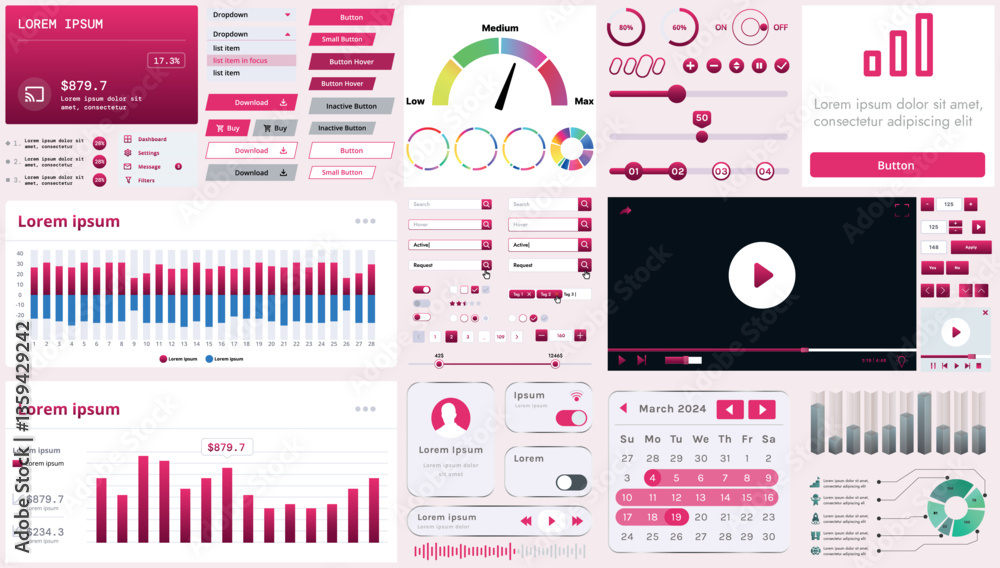 Poster a set of modern interface elements for business applications and websites: buttons, charts, menus, g