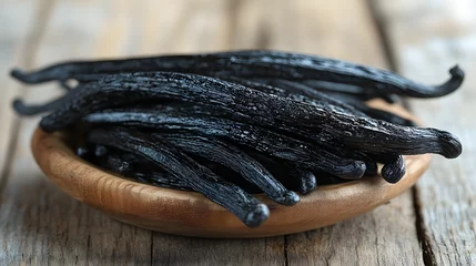 Vanilla Bean Elegance: An intimate close-up of a collection of rich, aromatic vanilla beans, artistically arranged in a rustic wooden bowl, inviting culinary delight.