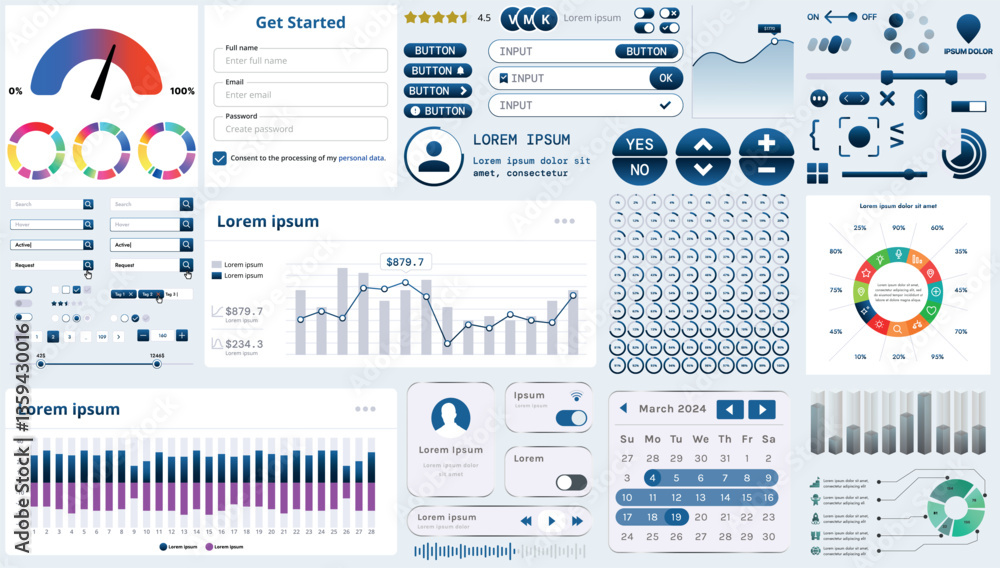 Poster a set of modern interface elements for business applications and websites: buttons, charts, menus, g